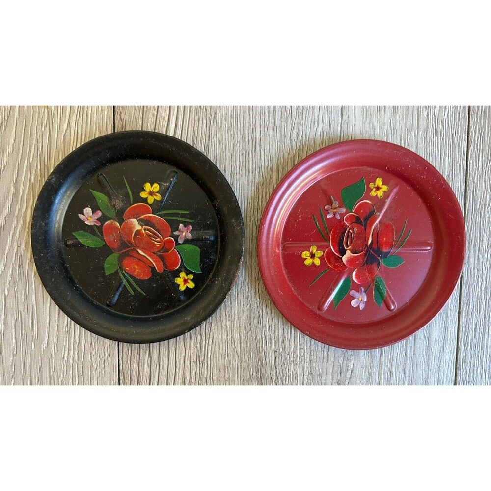Vintage Tole Red & Black Hand Painted Coasters Ashtrays Metal Floral Set Of 2